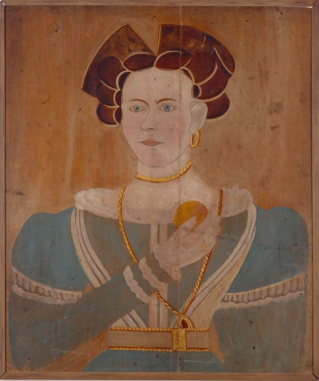 Portrait of a woman in Renaissance attire, holding a golden orb, with ornate hairstyle and jewelry.