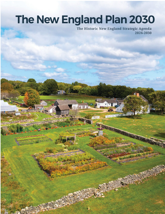 Cover of the strategic agenda. Image of a drone view of Roseland Cottage with the text, "The New England Plan Historic New England Strategic Agenda 2021-2025"