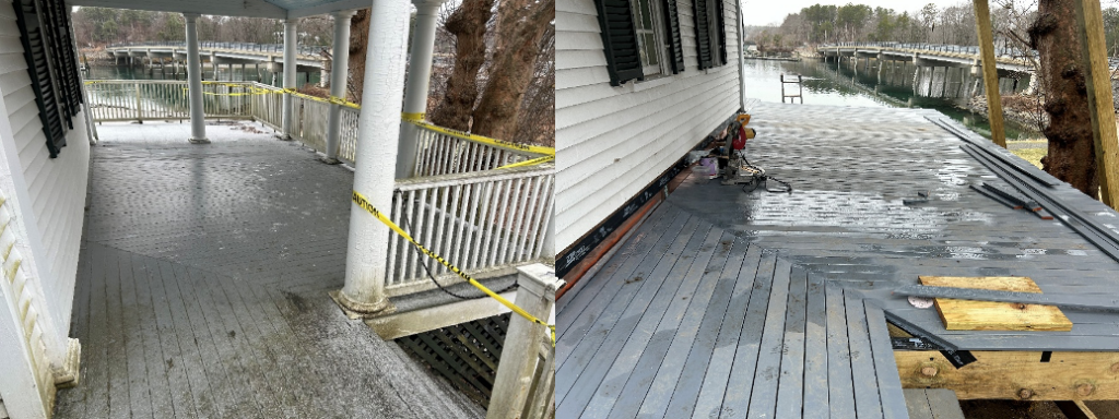 Historic porch renovations in progress, with yellow caution tape. Lush trees and river visible in the background.