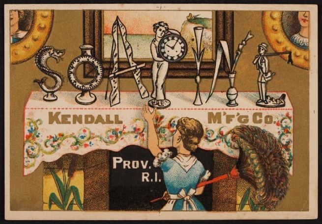 Illustrated ad for Kendall Mfg. Co. showing a woman dusting beneath anthropomorphic items spelling SOAPINE.
