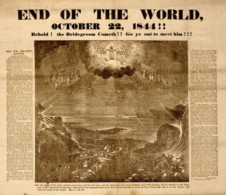 1844 poster depicting apocalyptic scene; a figure in clouds surrounded by angels. Text announces 'End of the World.'