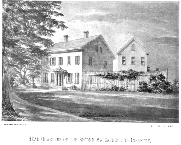 Historic illustration of a two-story Georgian-style house, surrounded by a fence and shaded by large trees.
