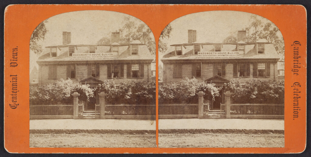 Historic Wadsworth House with colonial architecture, framed by lush foliage and a wooden fence in a sepia-toned stereograph.