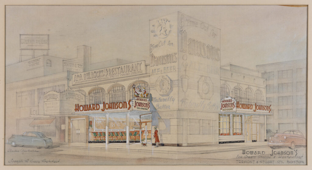 Vintage architectural rendering of a Howard Johnson's diner with classic retro signage and an elegant deco design.