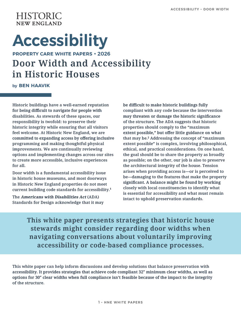Cover page of a white paper titled Door Width and Accessibility in Historic Houses by Ben Haavik, Historic New England.