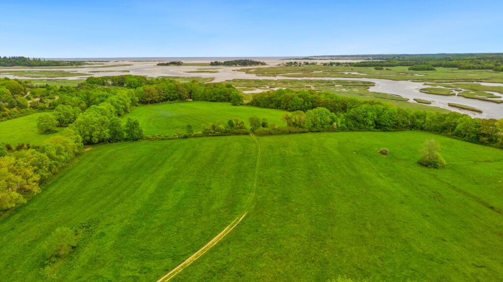 Aerial view of a green field bordered by trees, with a river meandering through a lush, expansive landscape in the background.