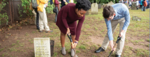 People tending an old gravestone in a cemetery during a community event.