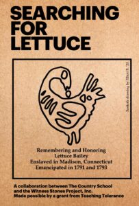 Poster for Searching for Lettuce, honoring Lettuce Bailey, with a Sankofa drawing, collaboration by schools and organizations.