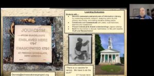 Slide showing a Witness Stones Project presentation with a memorial plaque for Jouachim, an enslaved man emancipated in 1796, alongside learning outcomes about information literacy, collaboration, and discussing difficult history. Includes historical imagery, a photo of a white colonial‑style building, and a quote from Vice President Kamala Harris, with the presenter visible in a small video window.