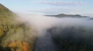 Foggy river valley with lush green and orange trees under a blue sky, creating a serene, misty landscape.