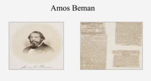 Portrait of Amos Beman alongside historical newspaper clippings from The Journal and Courier and other publications.
