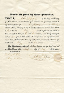 Historical 1825 document of slave emancipation by Anthony P. Sanford for Lucy, witnessed by Anthony P. Close and Mary W. Close.