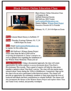 Flyer for Black History Online Education Class by Suffield Historical Society on Zoom, February 2022.