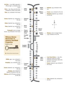 Map of Witness Stones Memorials on Historic Deerfield Properties, highlighting locations of formerly enslaved individuals.