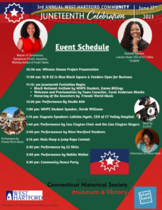 Juneteenth Celebration 2023 event schedule for West Hartford Community, featuring keynote, performances, and activities.