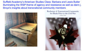 Wooden crate and book cover discussing transnational Black community pre-Civil War in Suffield Academy class.