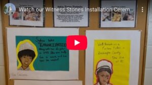Artwork display for Witness Stones Installation Ceremony featuring portraits and historical descriptions.