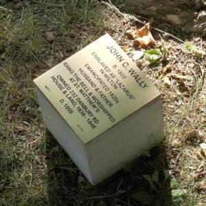 Bronze plaque honoring John C. Wally, emancipated in 1820s, at a grave site surrounded by grass and leaves.