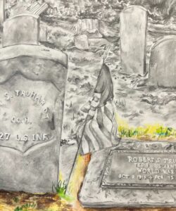 A soldier's grave with a weathered American flag, surrounded by other tombstones.