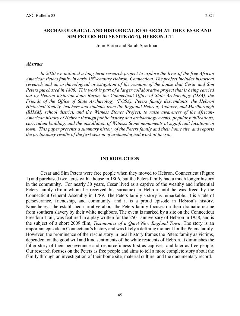 Archaeological and Historical Research at the Cesar and Sim Peters House Site, Hebron, CT