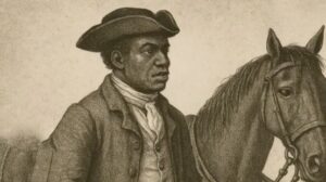 Historical portrait of a man in 18th-century attire standing beside a horse, wearing a tricorne hat.