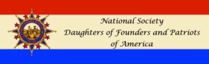 National Society Daughters of Founders and Patriots of America logo with red, white, and blue stripes and emblem.