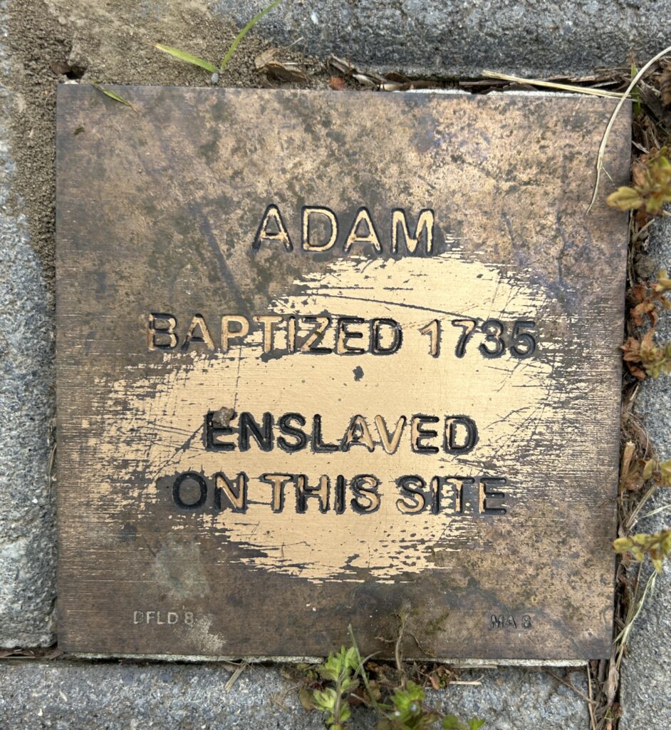 Bronze plaque reading Adam, Baptized 1735, Enslaved on this Site with weathered texture and surrounding grass.