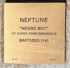 Bronze plaque commemorating Neptune, associated with Judge John Griswold, baptized in 1741.