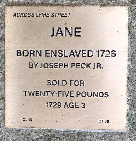 Commemorative plaque for Jane, born enslaved in 1726, sold for 25 pounds at age 3, by Joseph Peck Jr.