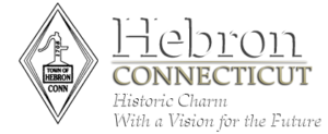 Hebron, Connecticut logo with motto 'Historic Charm With a Vision for the Future' and town emblem.
