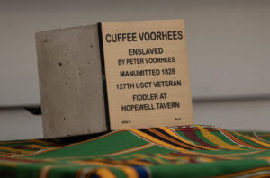 Plaque honoring Cuffee Voorhees, 127th USCT veteran, former enslaved fiddler at Hopewell Tavern, manumitted 1828.
