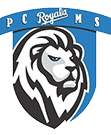 Lion head logo with PCMS Royals text on a blue and gray emblem, representing a sports team or school.
