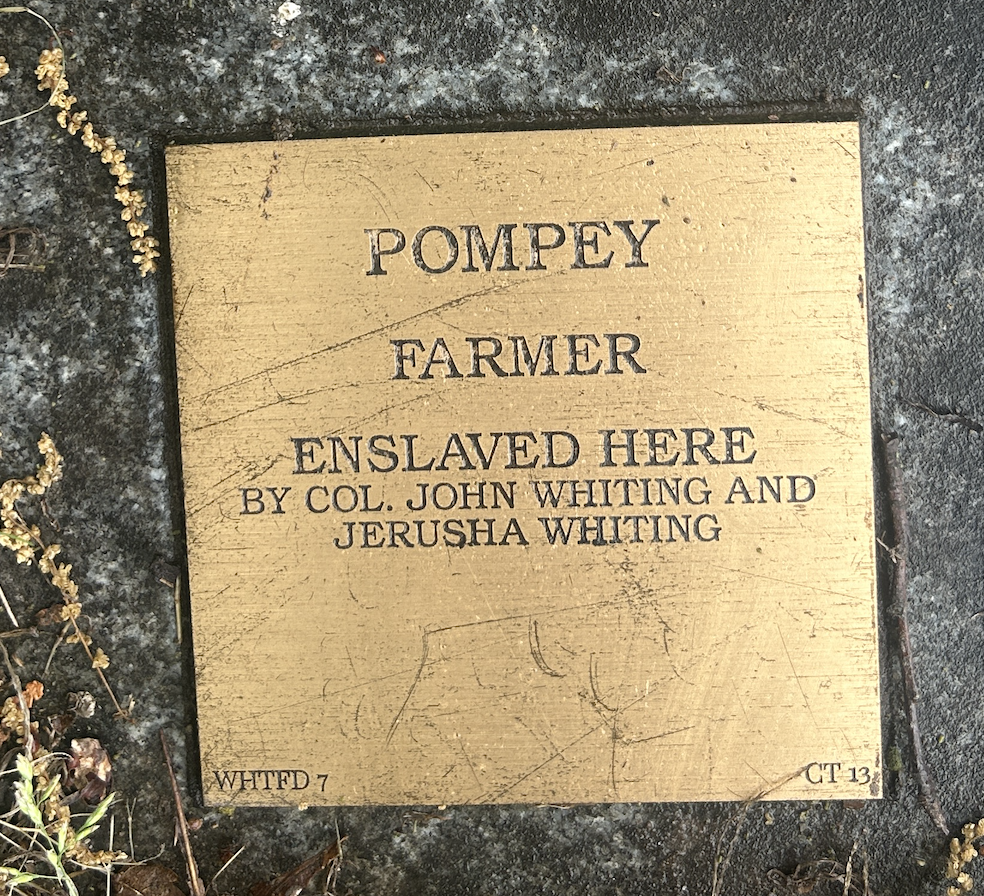 Historical marker for Pompey, a farmer enslaved by Col. John and Jerusha Whiting.