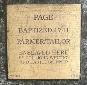 Historical plaque for Page, baptized 1741, farmer/tailor, enslaved by Col. John Whiting and Daniel Skinner.