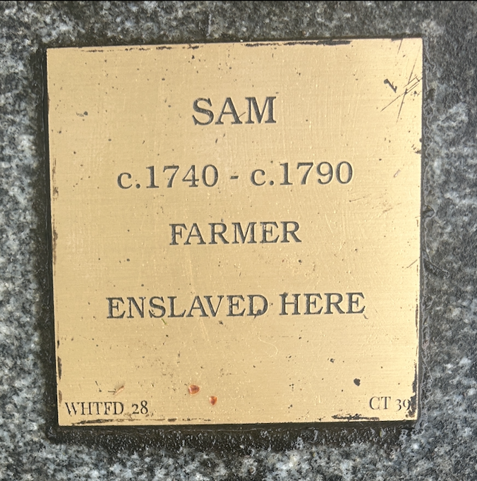 Memorial plaque for Sam, c.1740-1790, recognizing his life as an enslaved farmer.