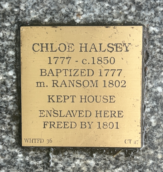 Historic plaque for Chloe Halsey, noting baptism, marriage, and emancipation details in the late 18th to mid-19th century.