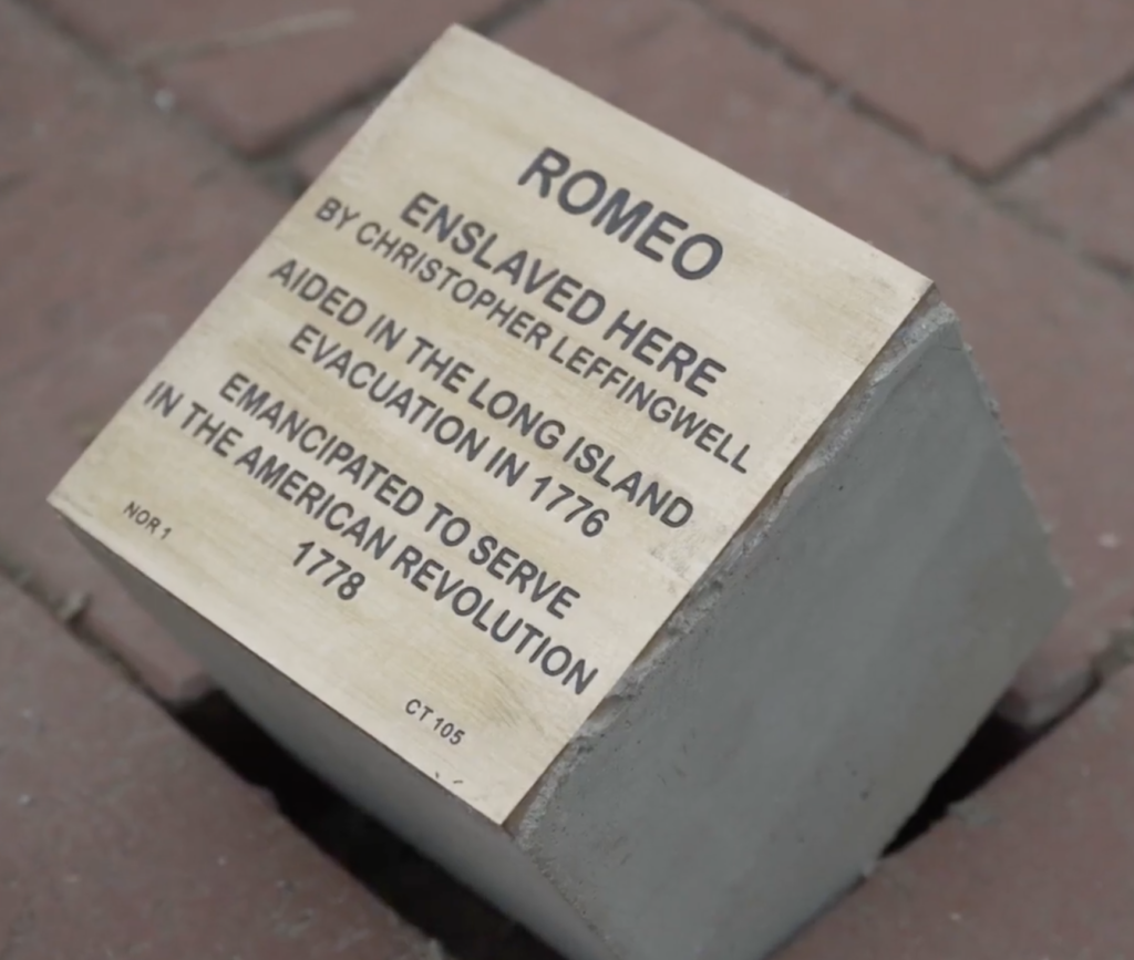 Memorial stone for Romeo, enslaved by Leffingwell, aided 1776 evacuation, emancipated 1778 for American Revolution service.
