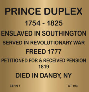 Commemorative plaque honoring Prince Duplex for Revolutionary War service and life achievements.