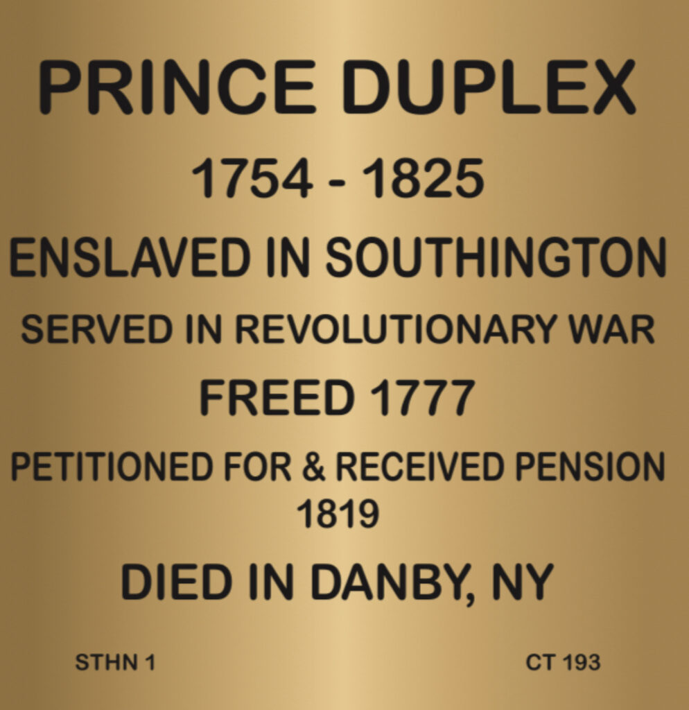 Commemorative plaque honoring Prince Duplex for Revolutionary War service and life achievements.
