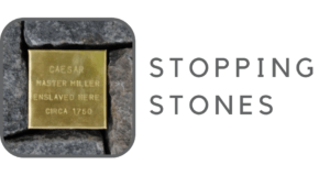The logo for Stopping Stones showing an example stone with the text to the right.