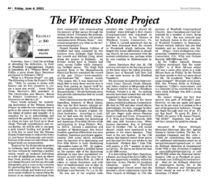 Newspaper article titled The Witness Stone Project details historical research on slavery in Killingly, dated June 4, 2021.