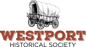 Logo for the Westport Historical Society. There is an illustration of a covered wagon above the centered text, "Westport Historical Society."
