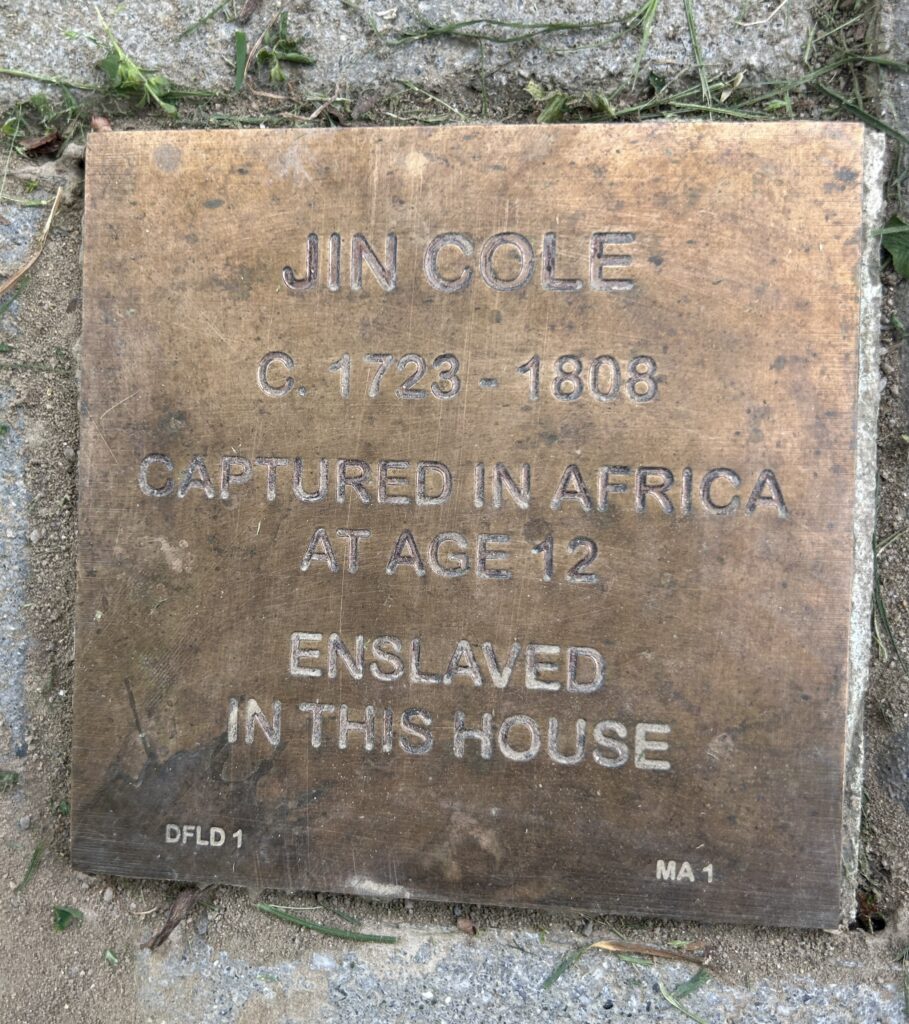 Memorial plaque for Jin Cole, enslaved from age 12, captured in Africa, lived circa 1723-1808.
