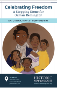 Illustrated family portrait promoting Celebrating Freedom event at Watson Farm, Jamestown, RI, May 2, 1-4 PM.