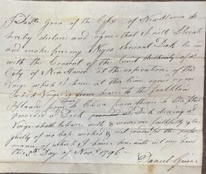 Historical document from 1796 outlining a legal agreement for the emancipation of an enslaved person named Dick.