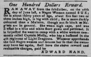 Historic runaway ad seeking return of enslaved woman named Sue, 30, pregnant, wearing caps; $100 reward by Edward Hand.