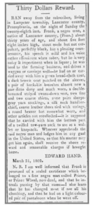 Historical newspaper ad from 1802 offering $30 reward for a runaway enslaved man named Frank in Pennsylvania.
