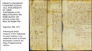 Proclamation of property confiscation in New Netherland by Governor Anthony Colve, September 20, 1673, historical document.