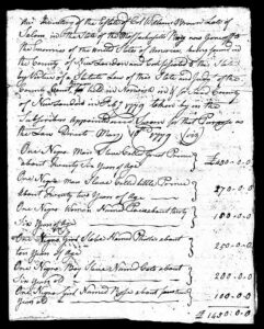 Historical handwritten document listing enslaved individuals and their values, dated May 1779, from Massachusetts.