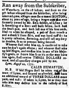 Historical 1771 runaway slave advertisement seeking Boston, a 25-year-old enslaved man from Waterbury.